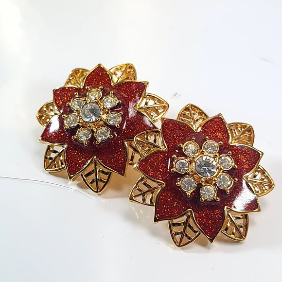 Vintage Red Glitter Flower Clip-On Earrings, Rhinestone Center, Retro Jewelry - Picture 1 of 10